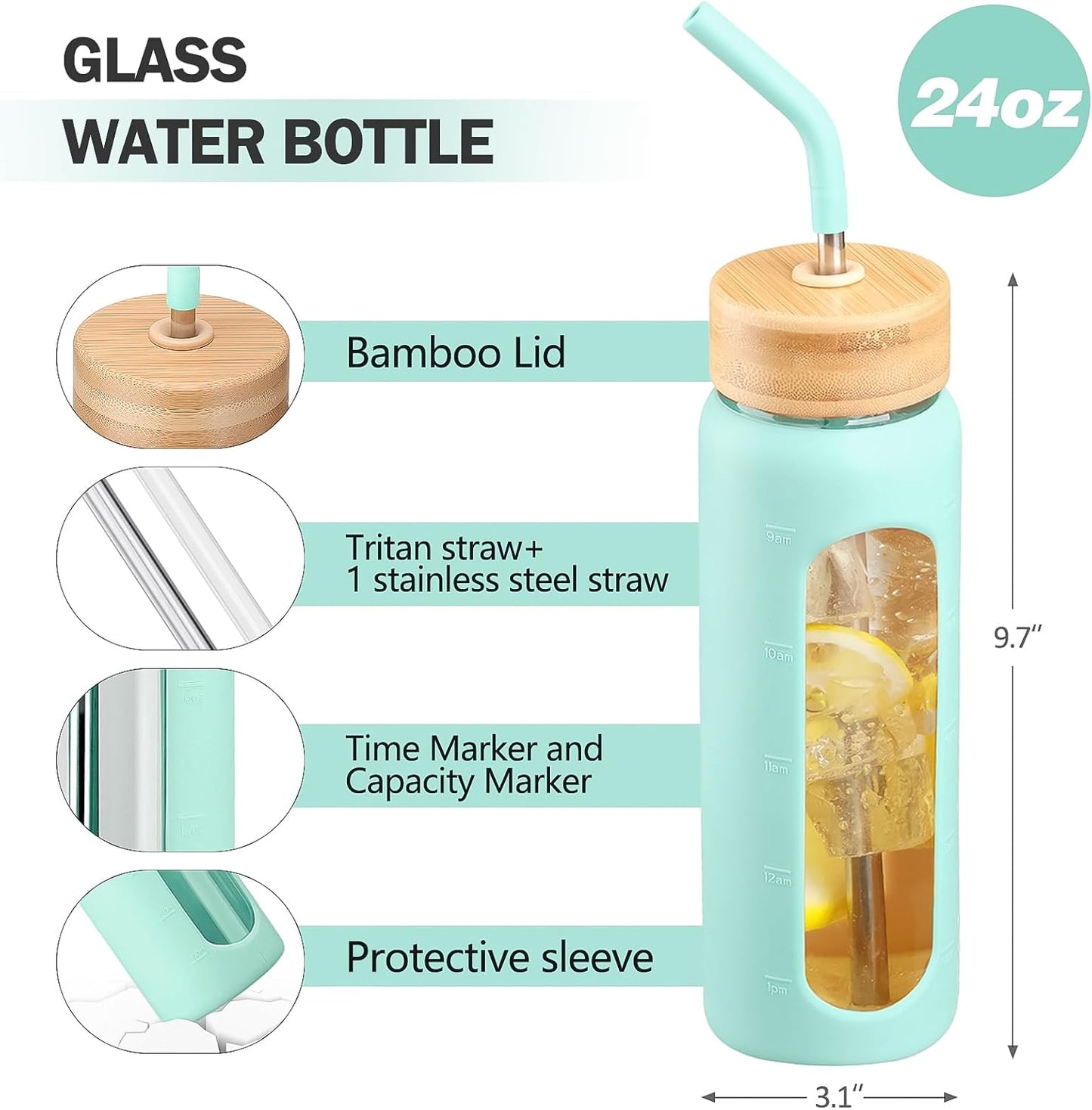 Glass Water Bottle with Straw, 24oz Glass Drinking Bottle with 2 Lids-Bamboo and Spout Lid with Phone Holder Handle for Gym Sports,with Silicone Sleeve and Time Marker,Mint Green