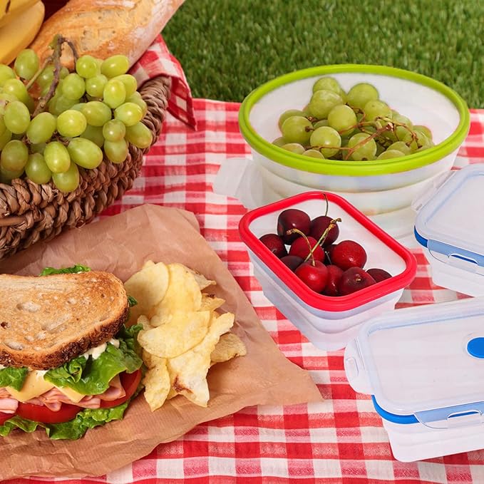 Collapsible Silicone Food Storage Containers, BPA Free, Microwave, Freezer and Dishwasher Safe, Lunch, Meal Prep, Travel, Space-Saving