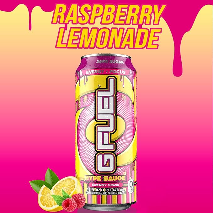 G Fuel Energy Drink, Raspberry Lemonade, Sugar Free Beverage with 300mg Caffeine, Daily Energy Boost with Focus Amino, Vitamin + Antioxidants, 16 oz Cans (Hype Sauce, 12-Pack)