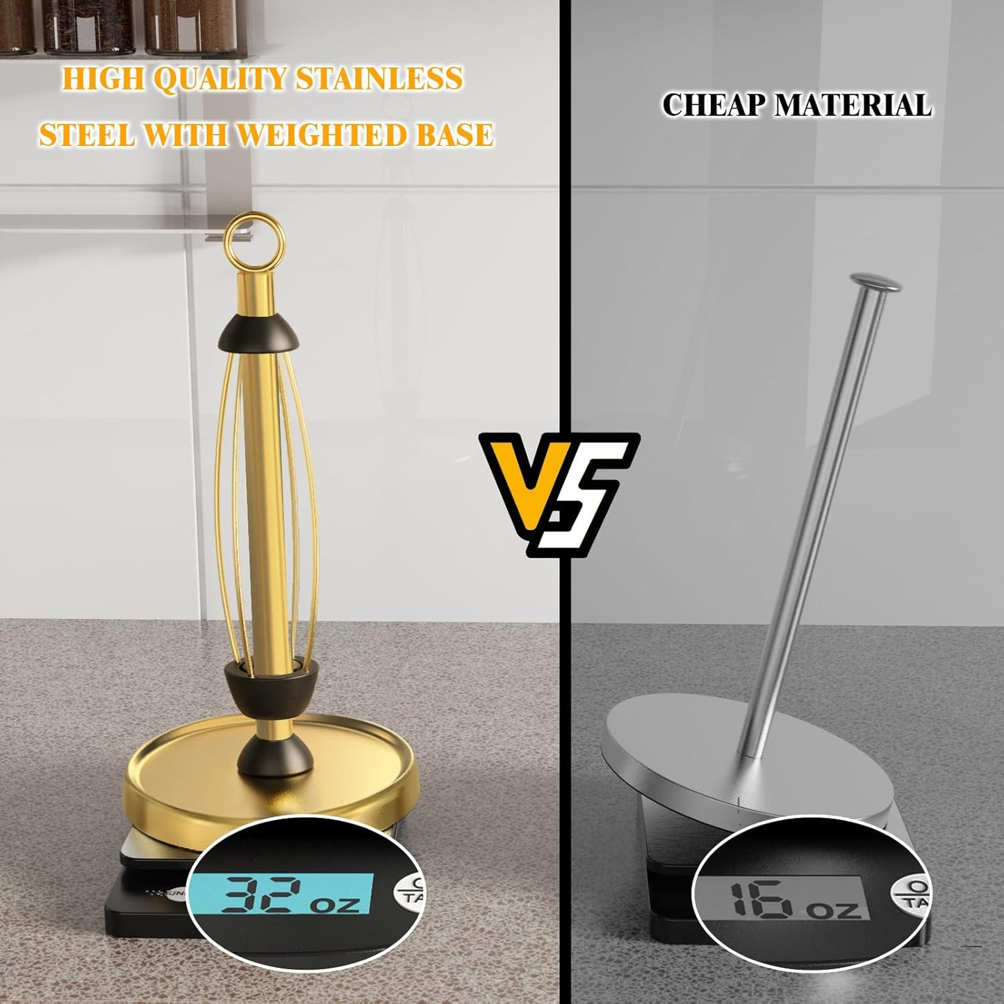 Gold Paper Towel Holder Countertop, Gold Kitchen Accessories Decor, One-Handed Tear, Stainless Steel, Weighted Base, Ring Paper Towel Holder Stand with Ratchet System for Kitchen Farmhouse Essentials