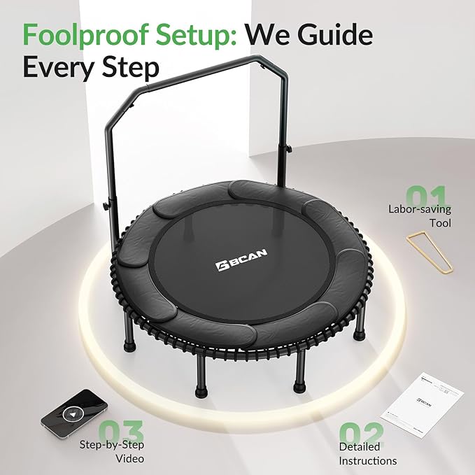 BCAN 40"/48" Rebounder Trampoline for Adult, 450/550LBS Fitness Trampoline with Bungees, Adjustable Handle, Stable & Quiet, Indoor Outdoor, Whole-Body Workout & Relaxation at Home for Women/Men
