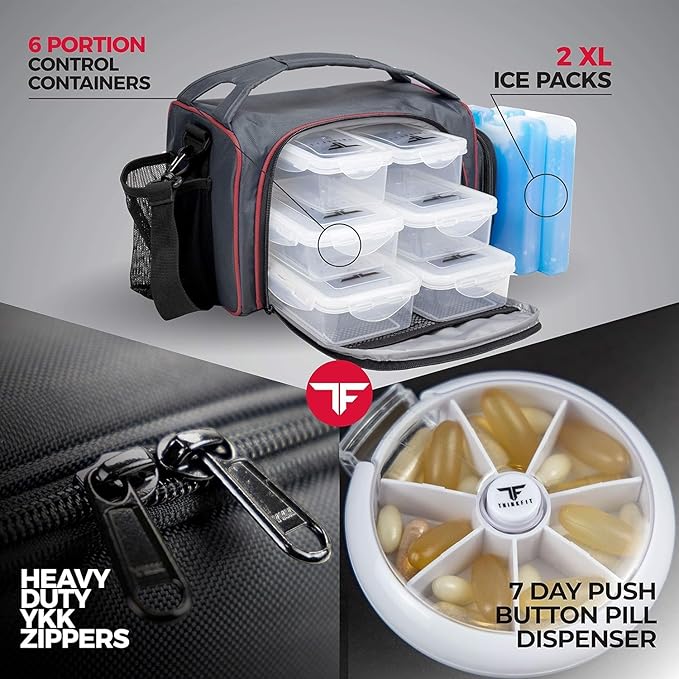 ThinkFit Red Reusable Lunch Bag with 6 Portion Control Containers, 2 XL Ice Packs, Pill Box, and Shoulder Strap - Microwavable and Freezer Safe