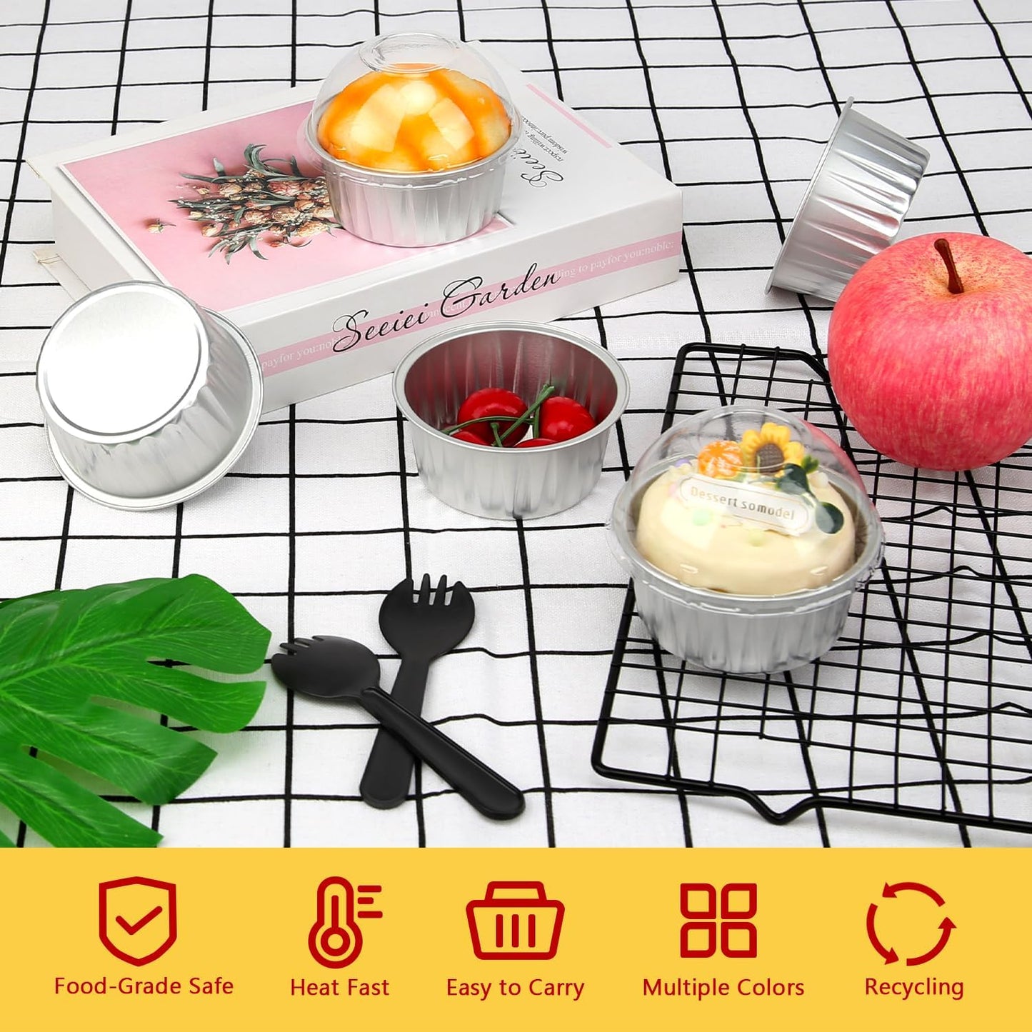 LNYZQUS 5oz Cupcake Pans Muffin Tins with Lids 100 Pack, Aluminum Foil Mini Cake Baking Pans,Small Baking Cups Containers,Disposable Ramekins Muffin Cups -Silver