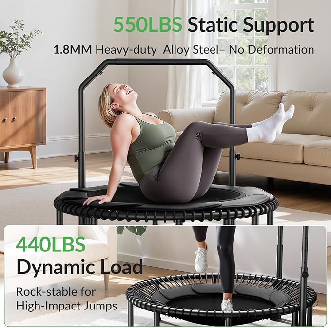 BCAN 40"/48" Rebounder Trampoline for Adult, 450/550LBS Fitness Trampoline with Bungees, Adjustable Handle, Stable & Quiet, Indoor Outdoor, Whole-Body Workout & Relaxation at Home for Women/Men