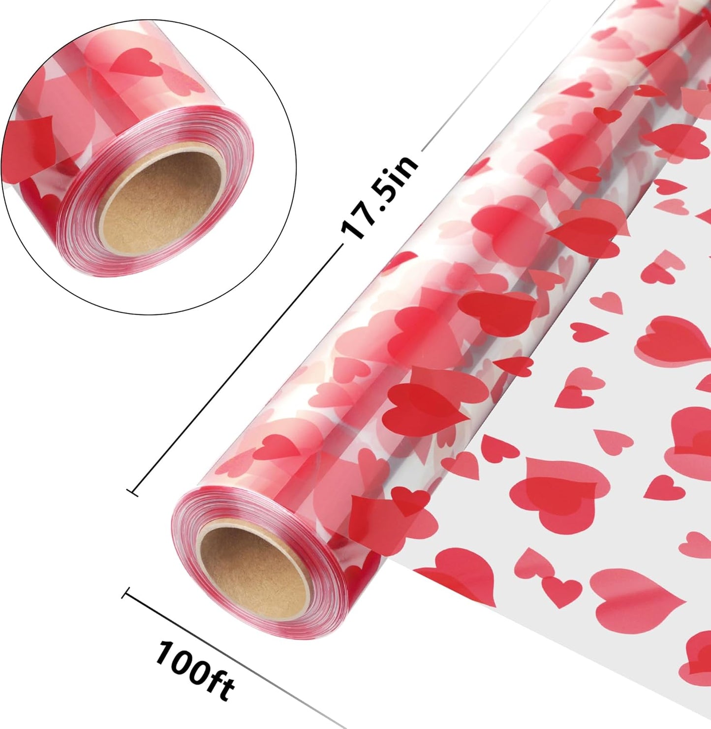 JOYIT 100ft Clear Cellophane Wrap Roll with Heart (17.5 in x 100 ft) - 3 Mil Thick Red Heart Cellophane Roll, Heart Cellophane Bags Large for Flower Gift Baskets Wrapping