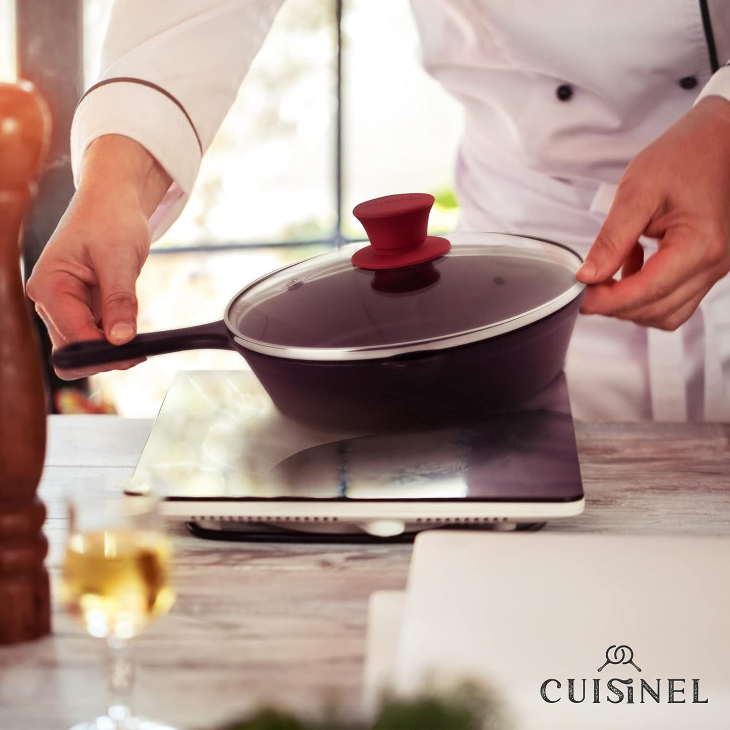 Glass Lid with Steam Vent Hole - 8"-Inch/20.32cm - Compatible with Lodge Cast Iron Skillet Pan - Fully Assembled Universal Replacement Cover - Tempered and Oven Safe - Reinforced Stainless Steel Rim