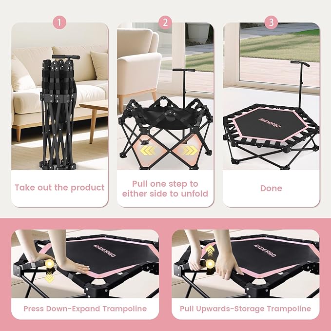 Foldable Mini Trampoline, Rebounder Trampoline with Adjustable Foam Handle, Fitness Trampoline for Indoor, Outdoor, Home Gym, Max Load 460 lbs