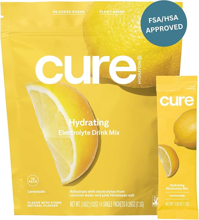 Cure Hydration | Plant-Based Electrolyte Drink Mix | No Added Sugar | FSA & HSA | Dehydration Relief Powder Made with Coconut Water | Non-GMO | Vegan | Pouch of 14 Packets - Lemonade