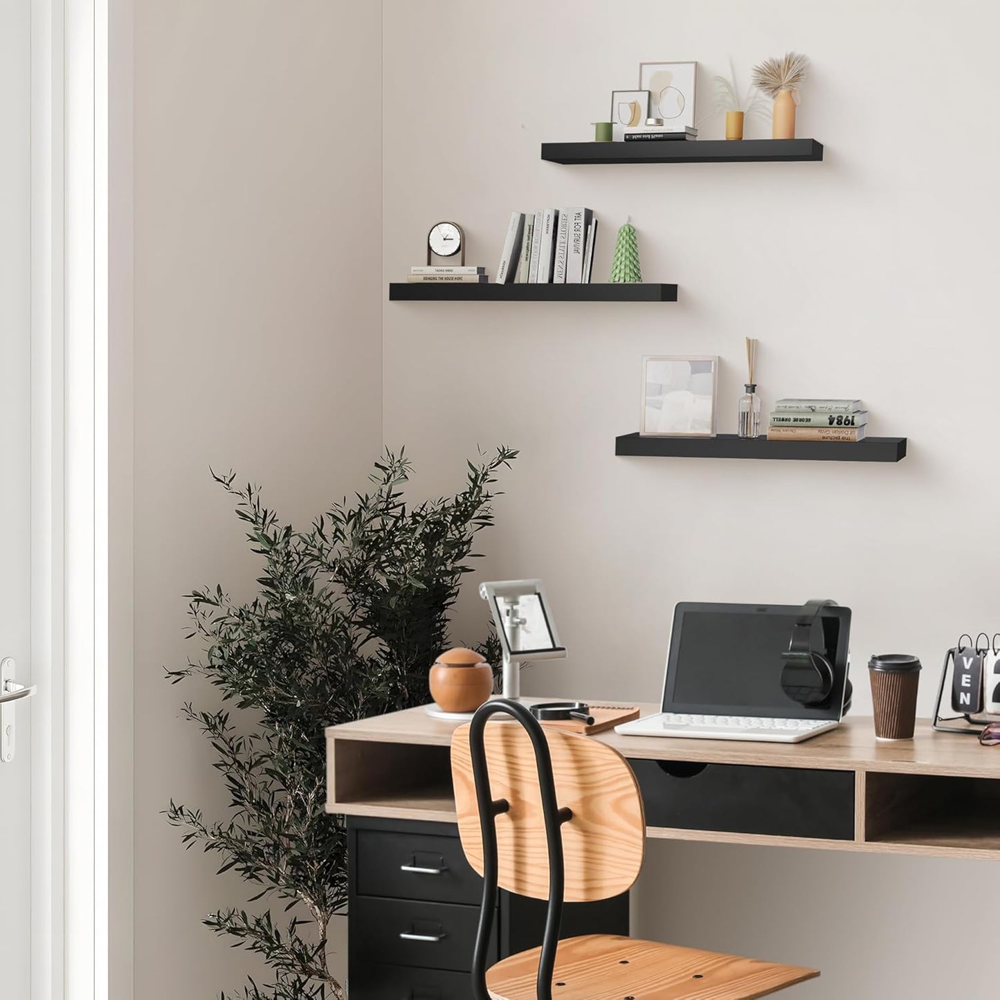 Colima Floating Shelves for Wall Black Wood Wall Shelf for Bedroom, 24 Inch Wall Mounted Floating Shelves for Bathroom Living Room Kitchen Office, 1.3" Thick Floating Book Shelves for Wall, Set of 3