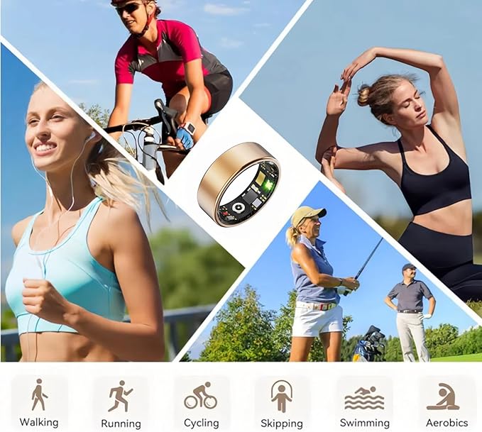 Smart Wellness Ring, Stylish Fitness Tracker with Heart Rate, Blood Oxygen, Blood Pressure, Sleep & Step Monitor. IP68 Waterproof, No Subscription, iOS & Android Compatible (Gold, 11)