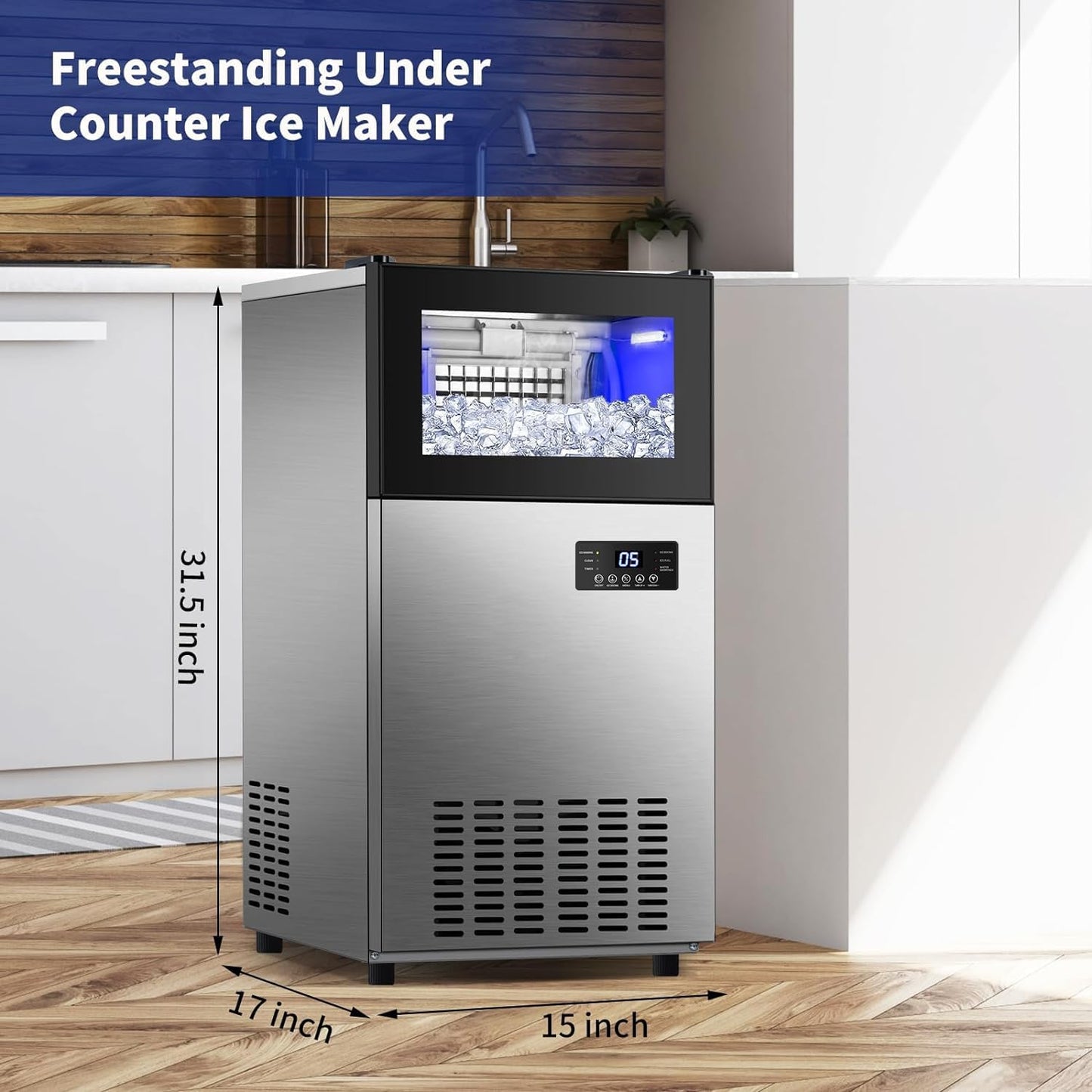 Commercail Ice Maker 130Lbs/24H with 35Lbs Ice Capacity,Upgraded 15" Wide Under Counter Ice Machine 45Pcs Ice Cubes,Commercial Ice Machine Self Clean Stainless Steel Built-in or Freestanding