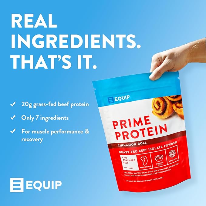 Equip Foods Prime Protein Powder | Clean, Grass Fed Beef Protein Powder for Women & Men | Carnivore Protein Isolate | Paleo, Keto Friendly | Gluten, Dairy Free | 30 Servings, Cinnamon Roll