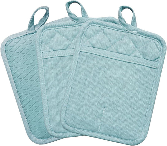 Pot Holders Yarn-Dyed Set of 3 Non Slip Silicone Kitchen Lines Heat Resistant 500℉ Kitchen Gloves BBQ Cooking Baking Cooking Barbecue Microwave Machine Washable (Light Blue Potholders)