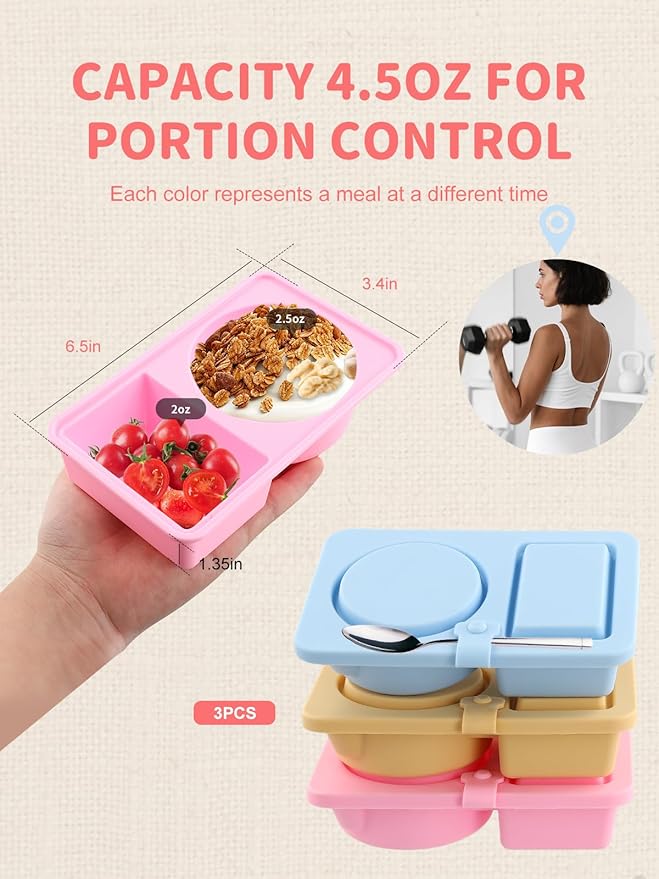 portion control containers, 3 pcs Double Set reusable food Containers. Silicone Weight loss meal box Meal Prep & On-the-Go [work, gym]