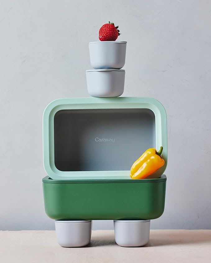 Caraway Glass Food Storage - 6.6 Cup Glass Container - Ceramic Coated Food Container - Non Toxic, Non Stick Lunch Box Container with Glass Lids - Dishwasher, Oven, & Microwave Safe - Sage