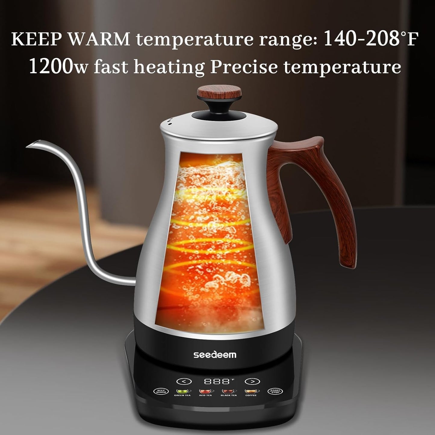 SEEDEEM Gooseneck Electric Kettle Full Touch Screen 1200W Electric Tea & Coffee Kettle with Four Heating Modes Rapid Heating,±1℉ Temperature Control，Keep Warm Mode,1L Electric kettle