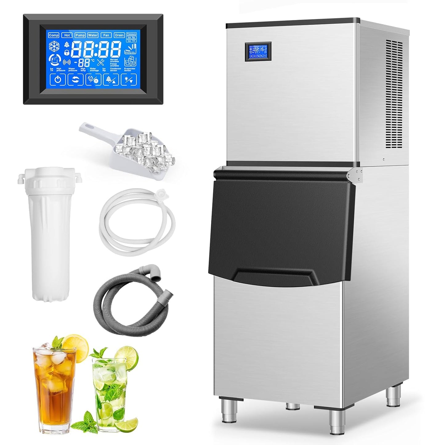 Commercial Ice Maker Machine 560Lbs/24H, Industrial Ice Machine 280 Lbs Storage Bin, 182PCS Clear Ice Cubes in 11 Mins, Freestanding Stainless Steel Ice Maker for Restaurants/Bar/Large Families