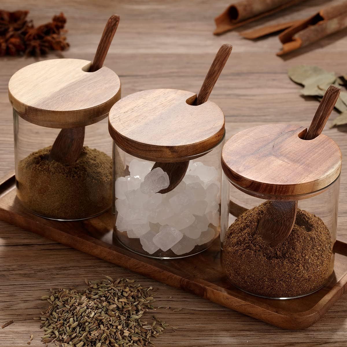 3 Pack 250ml / 8.5oz Clear Glass Spice Jar with Acacia Wooden Lid and Spoon, Classic Style, Kitchen Storage Container, 3.2 inches (diameter) x 3.5 inches (height)