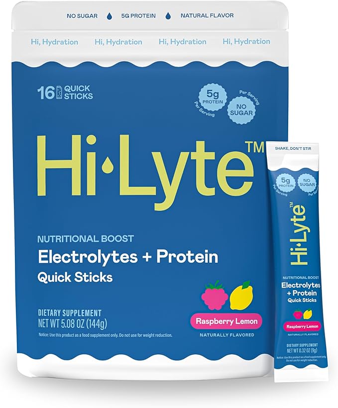 Hi-Lyte Nutritional Boost - Electrolytes + Protein Quick Sticks - Raspberry Lemon - Hydration + Whey Protein Powder Packets - 5g Protein, Electrolytes, No Sugar, Keto Friendly