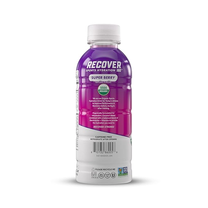 RECOVER 180 Organic Sports Hydration Drink, No Sugar Added, 20 Calorie Sports Beverage, Organic Flavors With Vitamins, Potassium-Packed Electrolytes (16.9 Fl Oz (Pack of 12), Super Berry)