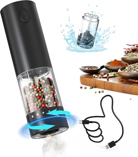 CIRCLE JOY Rechargeable Electric Pepper Grinder, Salt Grinder Pepper Mill with Washable 95ml Container, White LED Light and External Adjustable Coarseness, Black