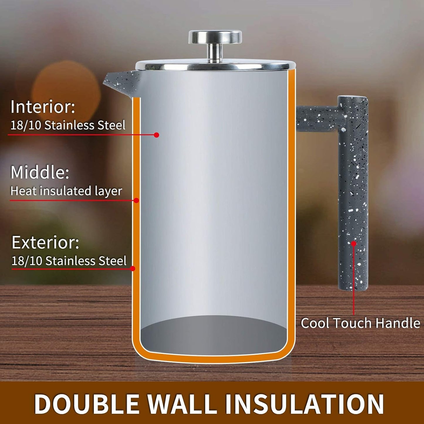 French Press Coffee Maker 34oz with Double-Insulated Stainless Steel Large Metal Coffee Press with 3 Layer Filtration System for Ultimate Coffee Tea Brewing in Travel Camping or Home