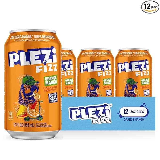 PLEZi FiZZ Orange Mango Sparkling Juice - Healthy Soda Alternative with Real Fruit Juice, No Added Sugar - Low Sugar Sparkling Drink - Good Source of Fiber, 12 Fl Oz (12 Pack)
