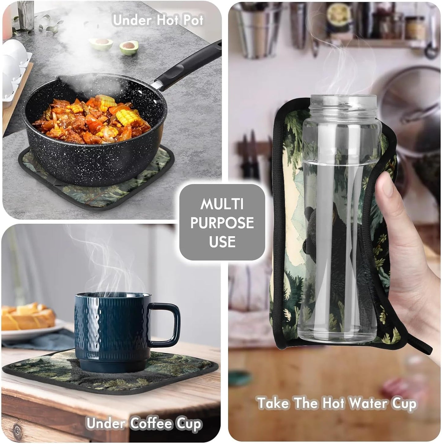 Black Bear Forest Wild Animals Oven Mitts and Pot Holders Sets, 2 Pcs Decorative Kitchen Oven Glove for Cooking