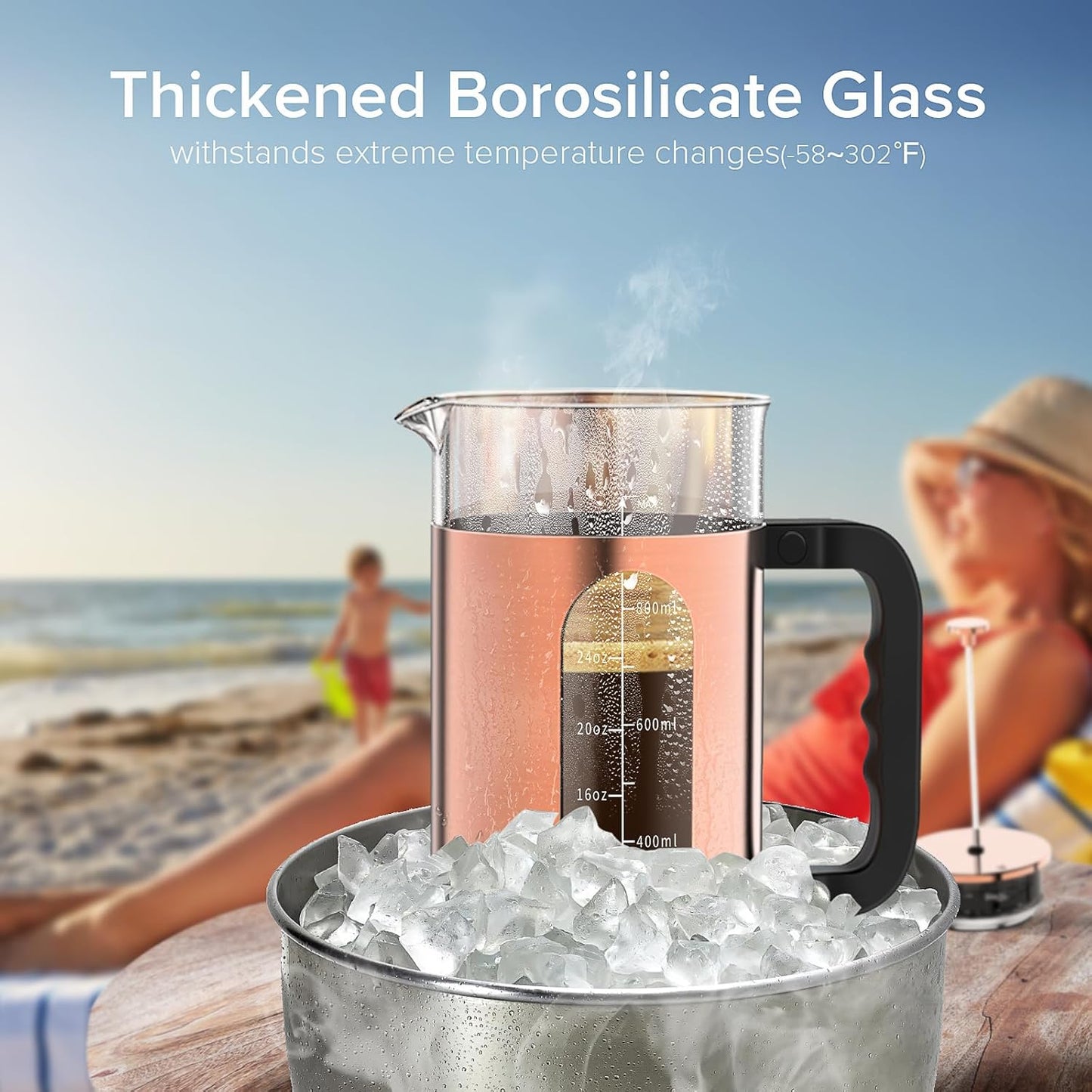 QUQIYSO French Press Coffee Maker, 304 Stainless Steel French Press with 4 Filter, Heat Resistant Borosilicate Glass, Easy to Clean, BPA Free Coffee Press Rust-Free Coffee Maker, 34 ounce, Copper