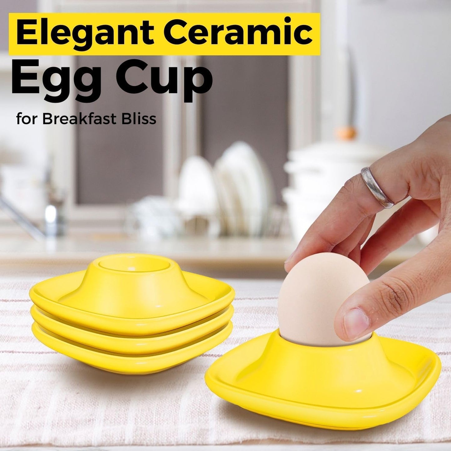 Flexzion Egg Cups for Soft Boiled Eggs - Set of 6 Ceramic Egg Holder - Stackable Egg Coddler Cups with Base for Serving, Breakfast, Brunch - Kitchen Table Decor, Yellow