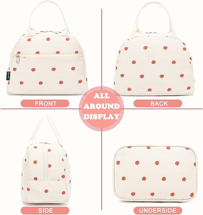 FlowFly Insulated Lunch Bag for Women – Corduroy Lunch Tote Box, Cute Cooler Bag for Work, Travel, Picnic, Corduroy Strawberries Beige