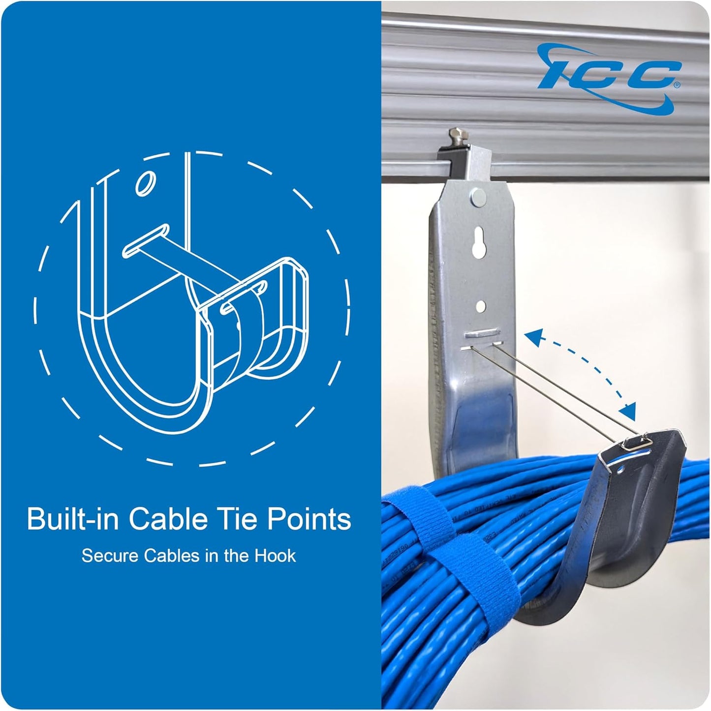 ICC Beam Clamp J Hook 4” with Retainer Clip - Galvanized Steel Cable Management Hooks for Hanging Cable to Beams - Rust-Resistant, EIA and TIA Compliant - 4 Inch 25 Pack