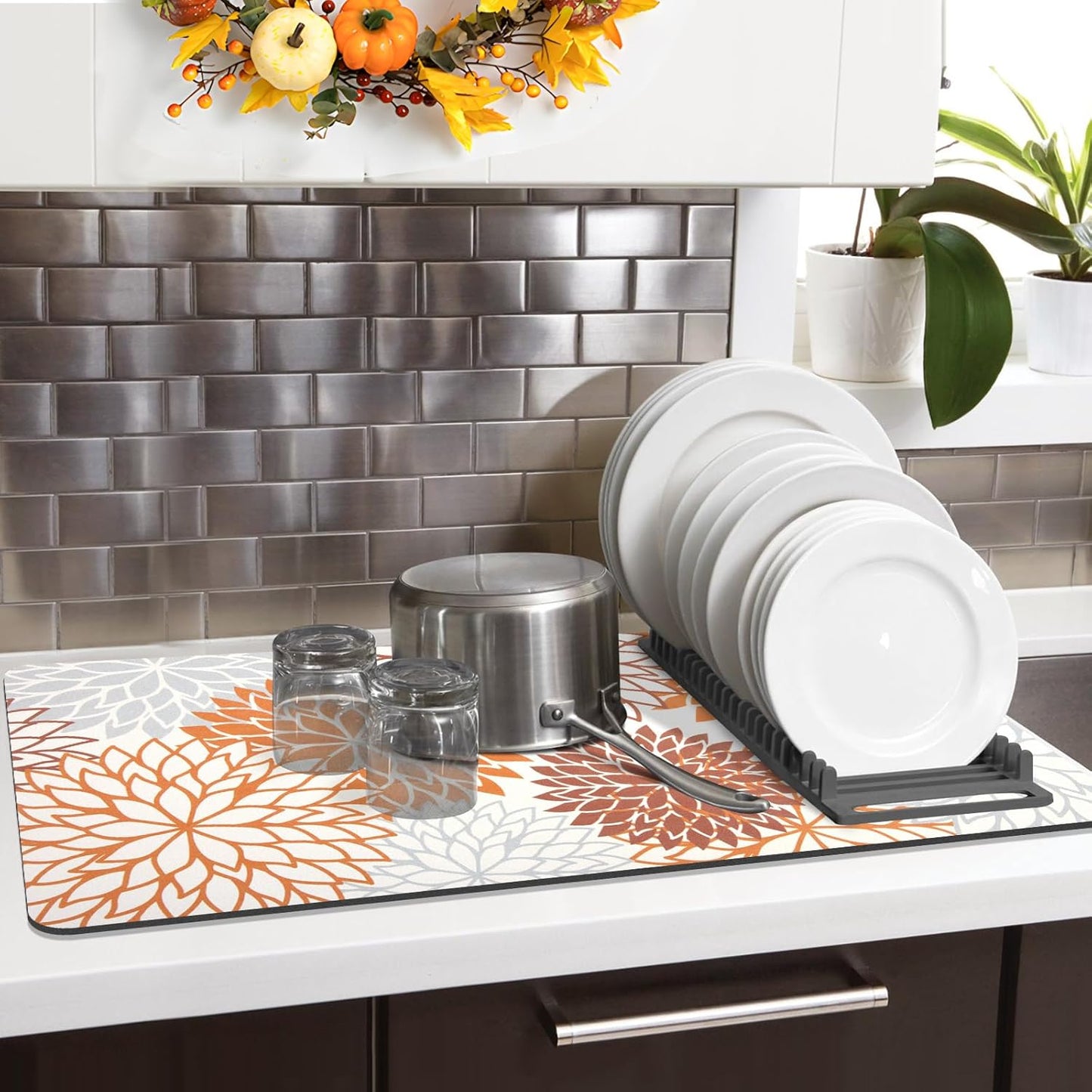 Findosom 2PCS 16" x 24" Dish Drying Mat & 24" x 5.5" Sink Splash Guard, Super Absorbent & Cuttable Dish Mat Drying Kitchen Mat with Orange Floral, Hide Stain Drying Mat for Kitchen Counter