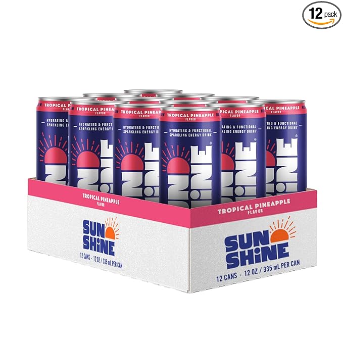 Sunshine Sparkling Energy Drink, Tropical Pineapple with Daily Essential Vitamins, 360mg of Electrolytes, 70mg of Natural Caffeine, 12 Fl Oz (Pack of 12)