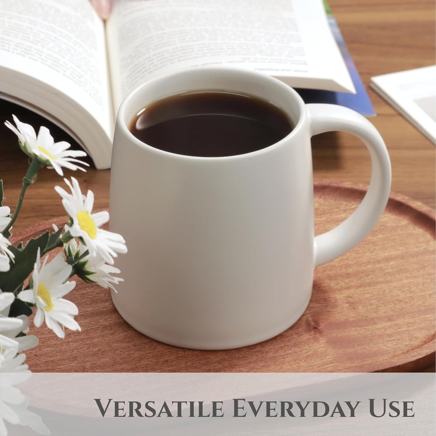 Classic Mug, 14 oz Large Coffee Mug with Handle, Ceramic Porcelain Tea Cup, Smooth Matte (Sliding Lid, White)