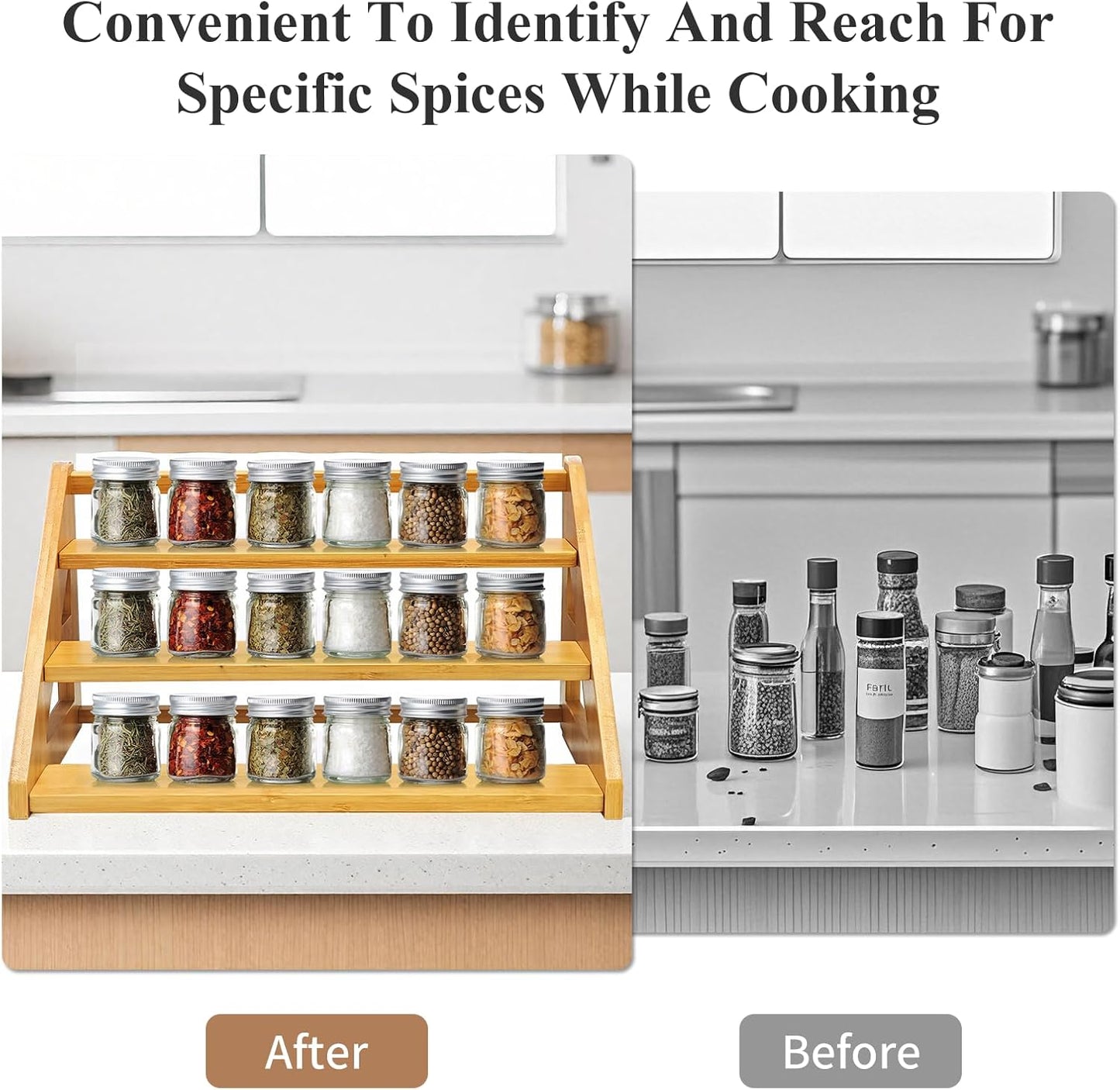 3-Tier Spice Rack Organizer,Bamboo Spice Rack for Kitchen Countertops,Cabinets & Pantries,Modern Space-Saving Design, Durable Bamboo Organizer (Spice Bottles Not Included)