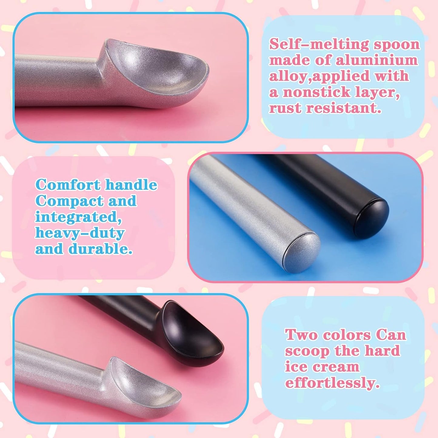 Gejoy 8 Pcs Ice Cream Scoop 7 Inch Nonstick Anti Freeze Ice Cream Scooper Aluminum Design Dessert Spoon for Gelatos Frozen Yogurt Fruit Sundaes Sorbet Almond Cookie Dough (Black and Silver)