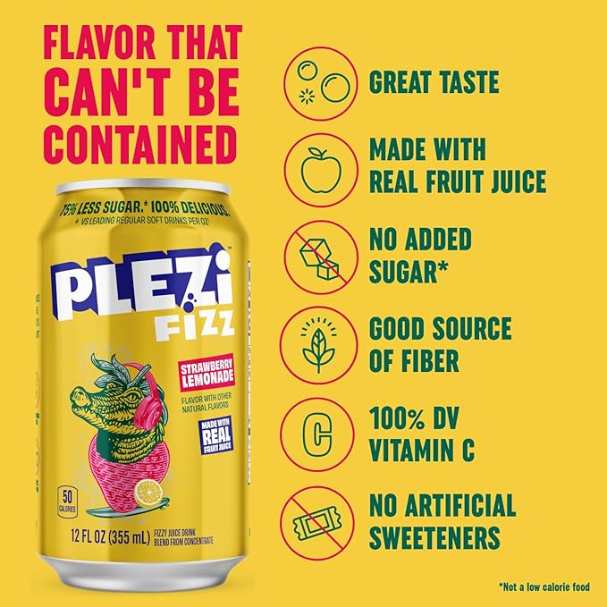 PLEZi FiZZ Strawberry Lemonade Sparkling Juice - Healthy Soda Alternative with Real Fruit Juice, No Added Sugar - Low Sugar Sparkling Drink - Good Source of Fiber, 12 Fl Oz (12 Pack)