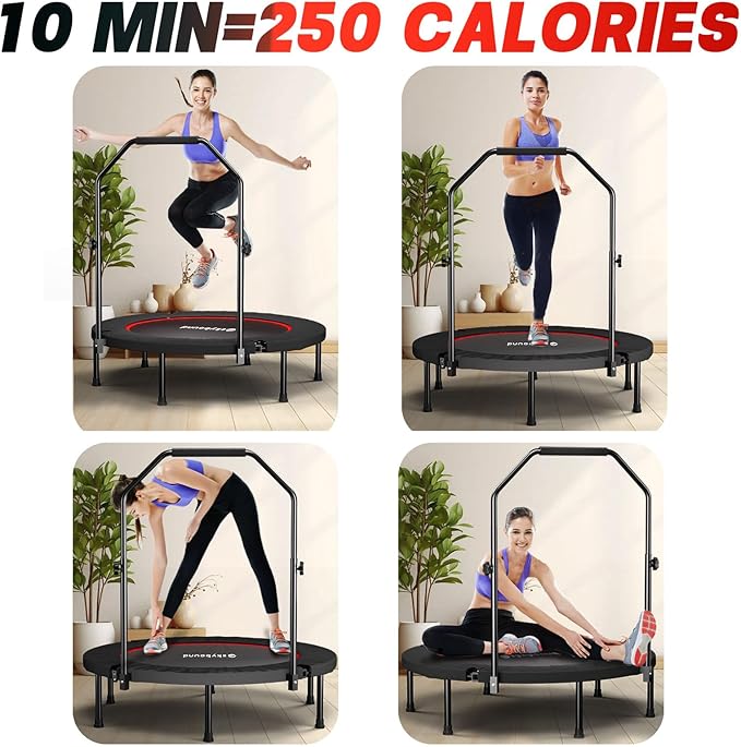 Rebounder Trampoline for Adults - 40" Foldable Mini Trampoline Fitness Rebounder with Adjustable U-Bar Handle, Max Load 350lbs,Stable Quiet Indoor/Outdoor Exercise Equipment