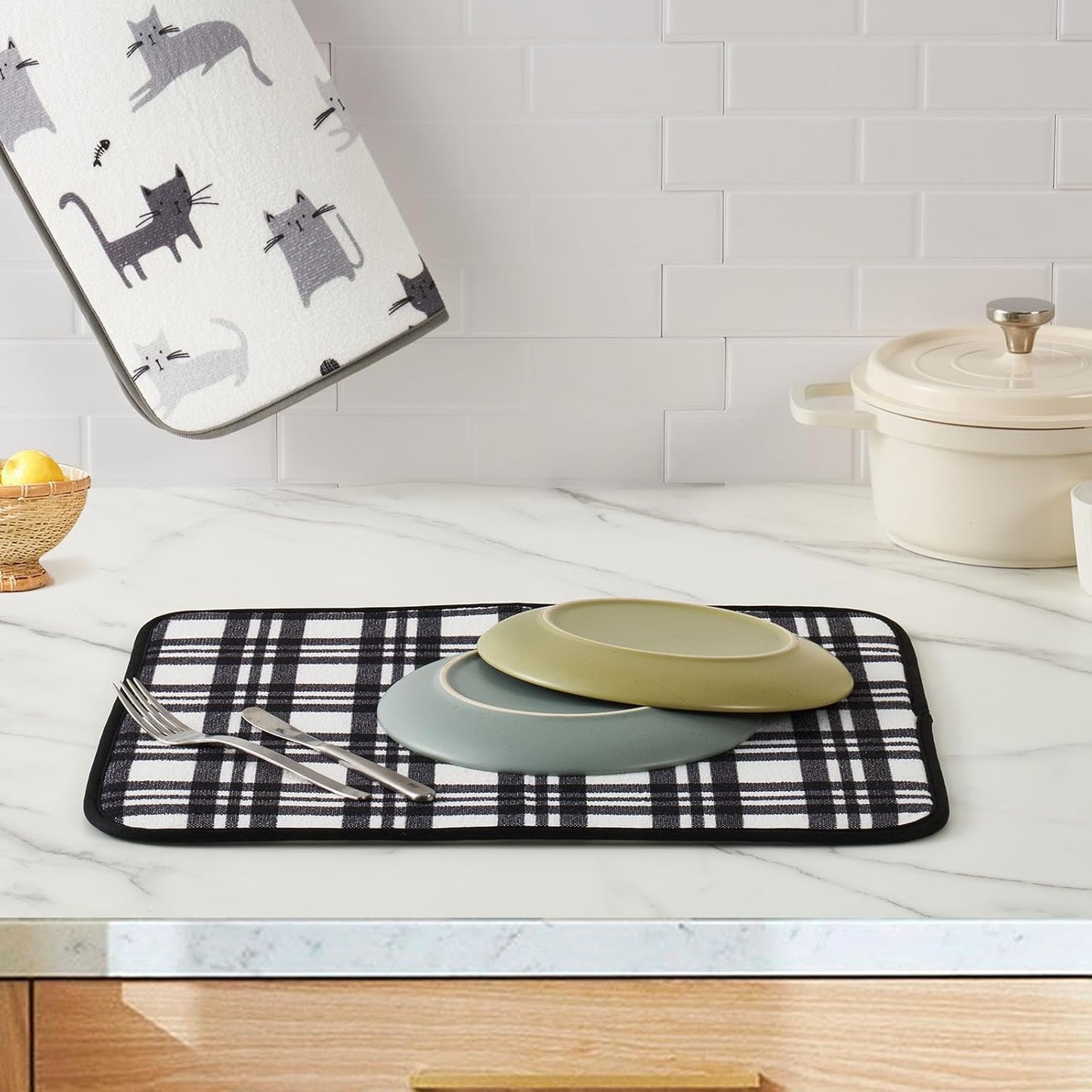 FRESHMINT Printed Dish Drying Mats for Kitchen Counter 2 Pack Absorbent Reversible Drying Mats Microfiber Kitchen Countertop Protector Dishes Drying Pad Extra Large 18"x24" Dish Mat