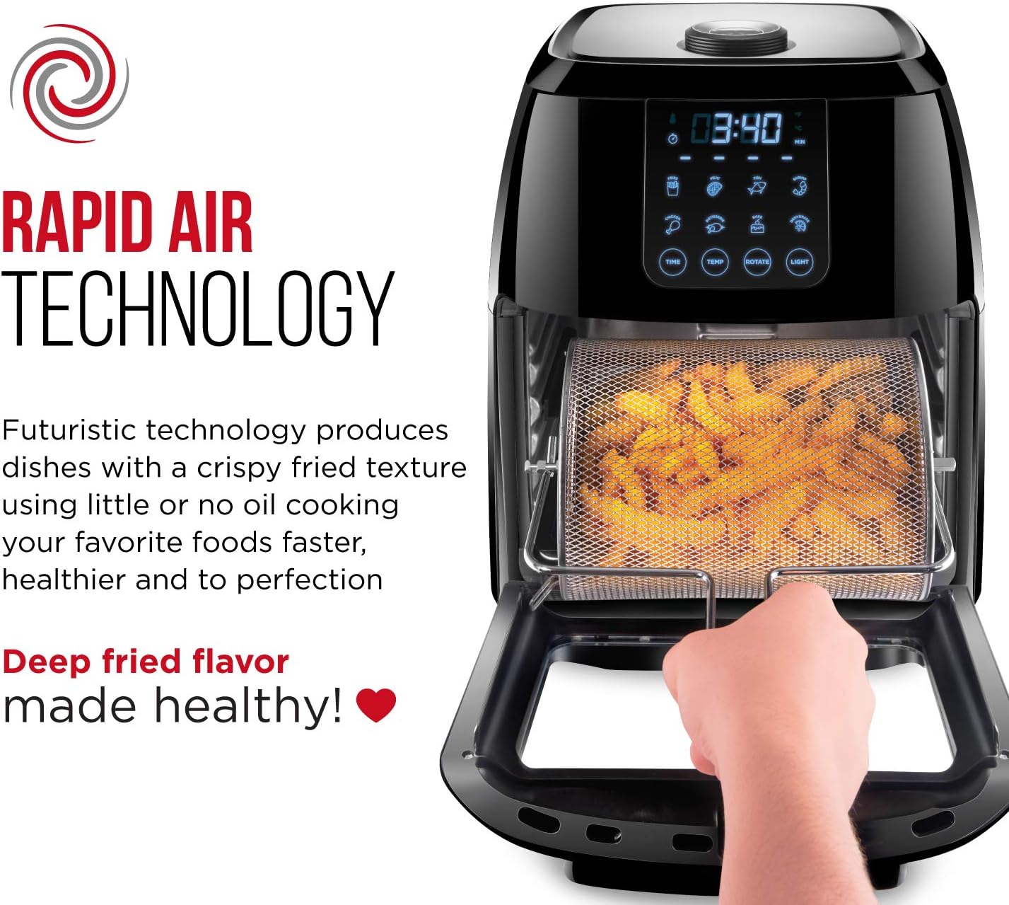 Chefman Compact 6.3-Qt 4-In-1 Digital Air Fryer+, Rotisserie, Dehydrator, Convection Oven, XL Family Size, 8 Touch Screen Presets, BPA-Free, Auto Shutoff, Accessories Included, Black