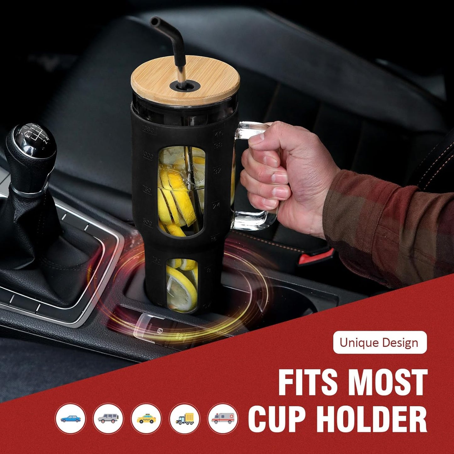 Glass Tumbler with Lid and Straw, 46 oz Iced Coffee Cup with Handle, Large Water Bottles with Silicone Sleeve, Glass Cup with Straws - Pearl Straw & Drinking Straw BPA Free-Black