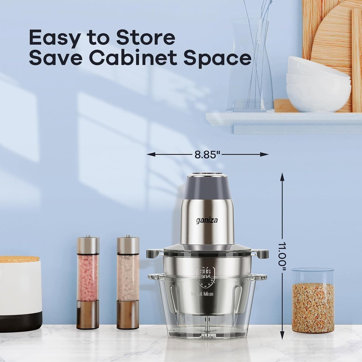 GANIZA Food Processors, Electric Chopper with Meat Grinder & Veggie Chopper - 2 Bowls with Powerful Copper Motor - Includes 2 Sets of Bi-Level Blades for Baby Food/Meat (Grey, 8 Cup+8 Cup)