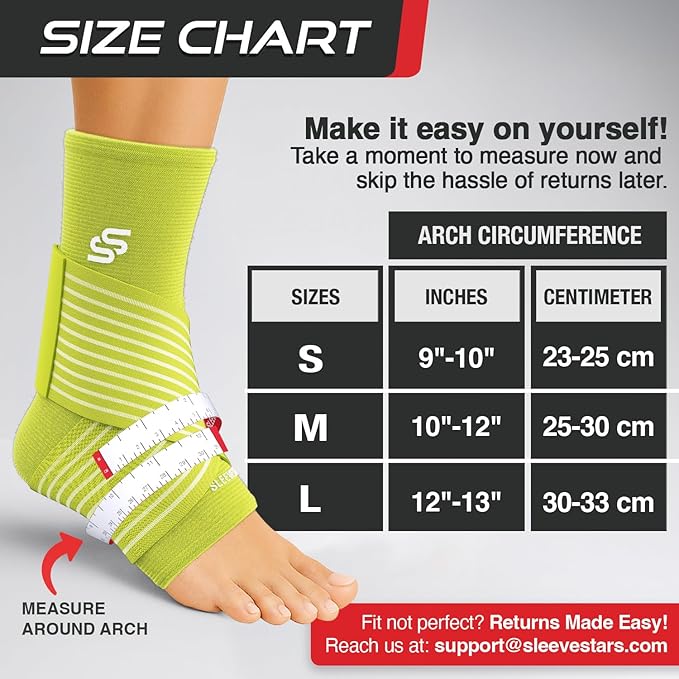 Sleeve Stars Ankle Brace for Women & Men, Ankle Wrap for Sprain, Compression Sleeve for Plantar Fasciitis Relief, Easy Customizable Support: w/ Removable Strap (Single/M:10"-12"/Neon Green)