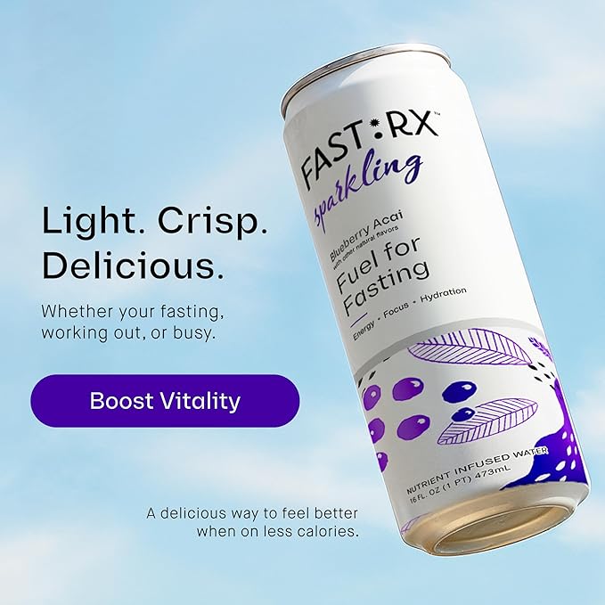 FASTRX Blueberry Acai Sparkling Fasting Electrolyte Drink – Hunger Suppressant, Includes Essential Electrolytes and Vitamins, De-Sugared Lemon Juice – Zero Sugar, 16 Fl Oz, Pack of 12