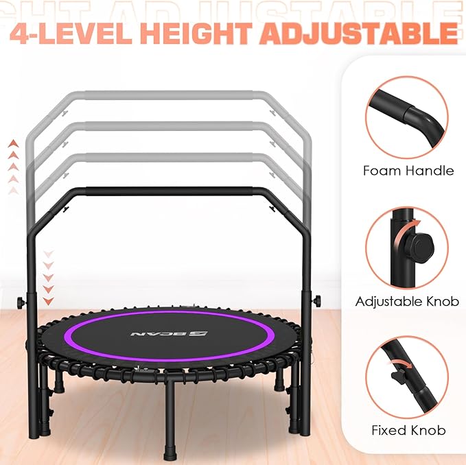 BCAN 40"/48" Rebounder Trampoline for Adult, 450/550LBS Fitness Trampoline with Bungees, Adjustable Handle, Stable & Quiet, Indoor Outdoor, Whole-Body Workout & Relaxation at Home for Women/Men