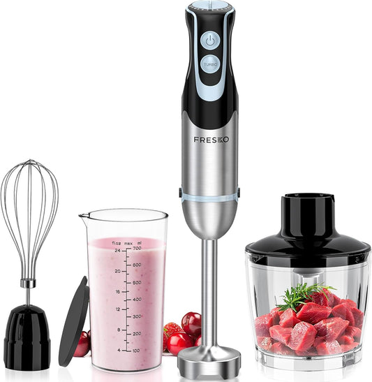 FRESKO Immersion Blender Handheld, 4-in-1 Stainless Steel Hand Electric Stick Mixer with 12-Speeds & Turbo Mode, Powerful 500W Emulsion Blender with Beaker, Chopper & Whisk