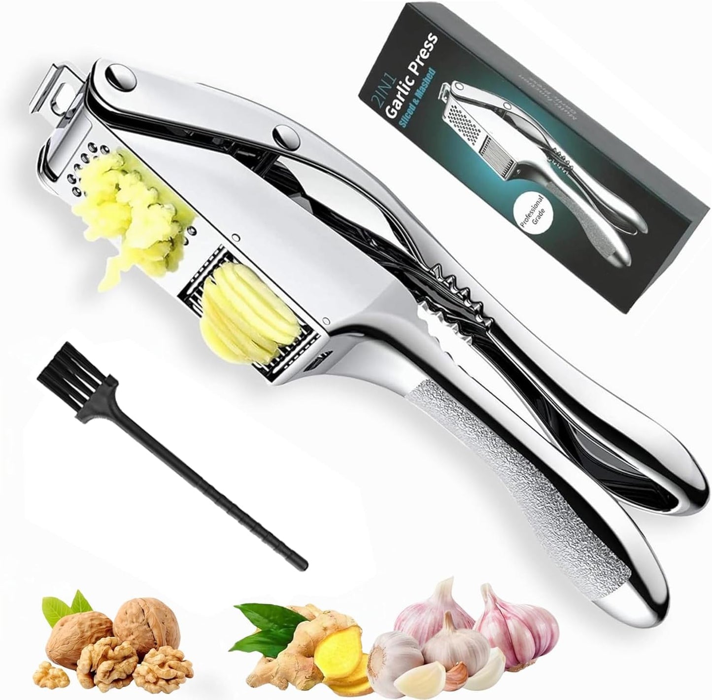 Garlic Press and Slicer 2 in 1, Rust Proof & Dishwasher Safe Professional Garlic Mincer Tool, Effortlessly Crush and Mince Garlic with this Ergonomic Handle-Garlic Peeler & Brush ANCQMI(Silver)