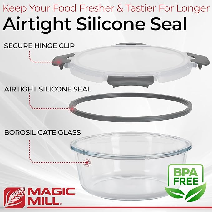 Magic Mill Glass Storage Containers with lids Set | Ultimate 24pc Sets with 12 Food Storage Containers & 12 Airtight Locking Lids for Lunch, Meal Prep, Fridge, Freezer, and Dishwasher Safe, BPA-Free