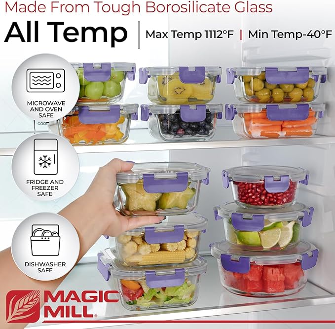Magic Mill Glass Storage Containers with lids Set | Ultimate 24pc Sets with 12 Food Storage Containers & 12 Airtight Locking Lids for Lunch, Meal Prep, Fridge, Freezer, and Dishwasher Safe, BPA-Free